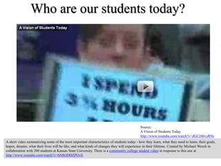 Who are our students today?
Source:
A Vision of Students Today
http://www.youtube.com/watch?v=dGCJ46vyR9o
A short video summarizing some of the most important characteristics of students today - how they learn, what they need to learn, their goals,
hopes, dreams, what their lives will be like, and what kinds of changes they will experience in their lifetime. Created by Michael Wesch in
collaboration with 200 students at Kansas State University. There is a community college student video in response to this one at
http://www.youtube.com/watch?v=hN8GDHZPOvE
 