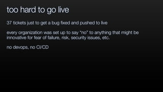too hard to go live
37 tickets just to get a bug ﬁxed and pushed to live
every organization was set up to say “no” to anything that might be
innovative for fear of failure, risk, security issues, etc.
no devops, no CI/CD
 
