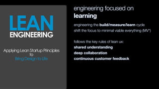 engineering focused on
learning
engineering the build/measure/learn cycle
shift the focus to minimal viable everything (MV*)
follows the key rules of lean ux:
shared understanding
deep collaboration
continuous customer feedback
LEANENGINEERING
ApplyingLeanStartupPrinciples
to
BringDesigntoLife
 