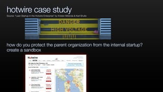 hotwire case study
how do you protect the parent organization from the internal startup?
create a sandbox
Source: “Lean Startup in the Hotwire Enterprise” by Kristen Mirenda & Karl Shultz
 