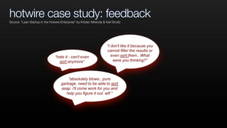 hotwire case study: feedback
“hate it - can't even
sort anymore”
“I don't like it because you
cannot filter the results or
even sort them.. What
were you thinking?”
“absolutely blows...pure
garbage. need to be able to sort
asap. i'll come work for you and
help you figure it out. wtf.”
Source: “Lean Startup in the Hotwire Enterprise” by Kristen Mirenda & Karl Shultz
 