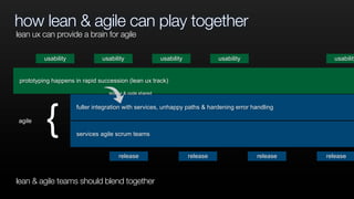 how lean & agile can play together
fuller integration with services, unhappy paths & hardening error handling
prototyping happens in rapid succession (lean ux track)
services agile scrum teams
usability usability usability usability usability
release release release release
{agile
lean ux can provide a brain for agile
stories & code shared
lean & agile teams should blend together
 