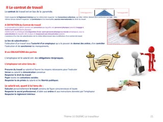 II Le contrat de travail
Le contrat de travail est en bas de la pyramide.
Il doit respecter le Règlement Intérieur qui lui-même doit respecter les Conventions collectives, qui elles même doivent être conformes aux Lois, ellesmêmes tenues doivent respecter la Constitution et les éventuelles sources internationales du droit du travail.

A DEFINITION du Contrat de travail
La jurisprudence le définit comme une convention par laquelle une personne physique (salarié) s’engage à
mettre son activité (tache physique,
intellectuelle ou artistique) à la disposition d’une autre personne physique ou morale (employeur), sous la
subordination de laquelle elle se place et moyennant une rémunération (salaire).
L’existence d’un lien de subordination est le critère déterminant dans la définition d’un contrat de travail.

Le lien de subordination =
l’exécution d’un travail sous l’autorité d’un employeur qui a le pouvoir de donner des ordres, d’en contrôler
l’exécution et de sanctionner les manquements.

B Les OBLIGATIONS des parties
L’employeur et le salarié ont des obligations réciproques.
L’employeur est ainsi tenu de :
Procurer du travail au salarié et fournir les moyens nécessaires pour l’exécuter
Verser au salarié la rémunération convenue
Respecter le droit du travail
Payer toutes les cotisations sociales
Respecter la vie privée du salarié et les libertés publiques.

Le salarié est, quant à lui tenu de :
Exécuter personnellement le travail convenu de façon consciencieuse et loyale
Respecter le secret professionnel, d’obéir aux ordres et aux instructions données par l’employeur
Respecter le règlement intérieur.

Thème 11 DGEMC Le travailleur

21

 