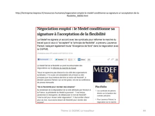 http://lentreprise.lexpress.fr/ressources-humaines/negociation-emploi-le-medef-conditionne-sa-signature-a-l-acceptation-de-laflexibilite_36836.html

Thème 11 DGEMC Le travailleur

44

 