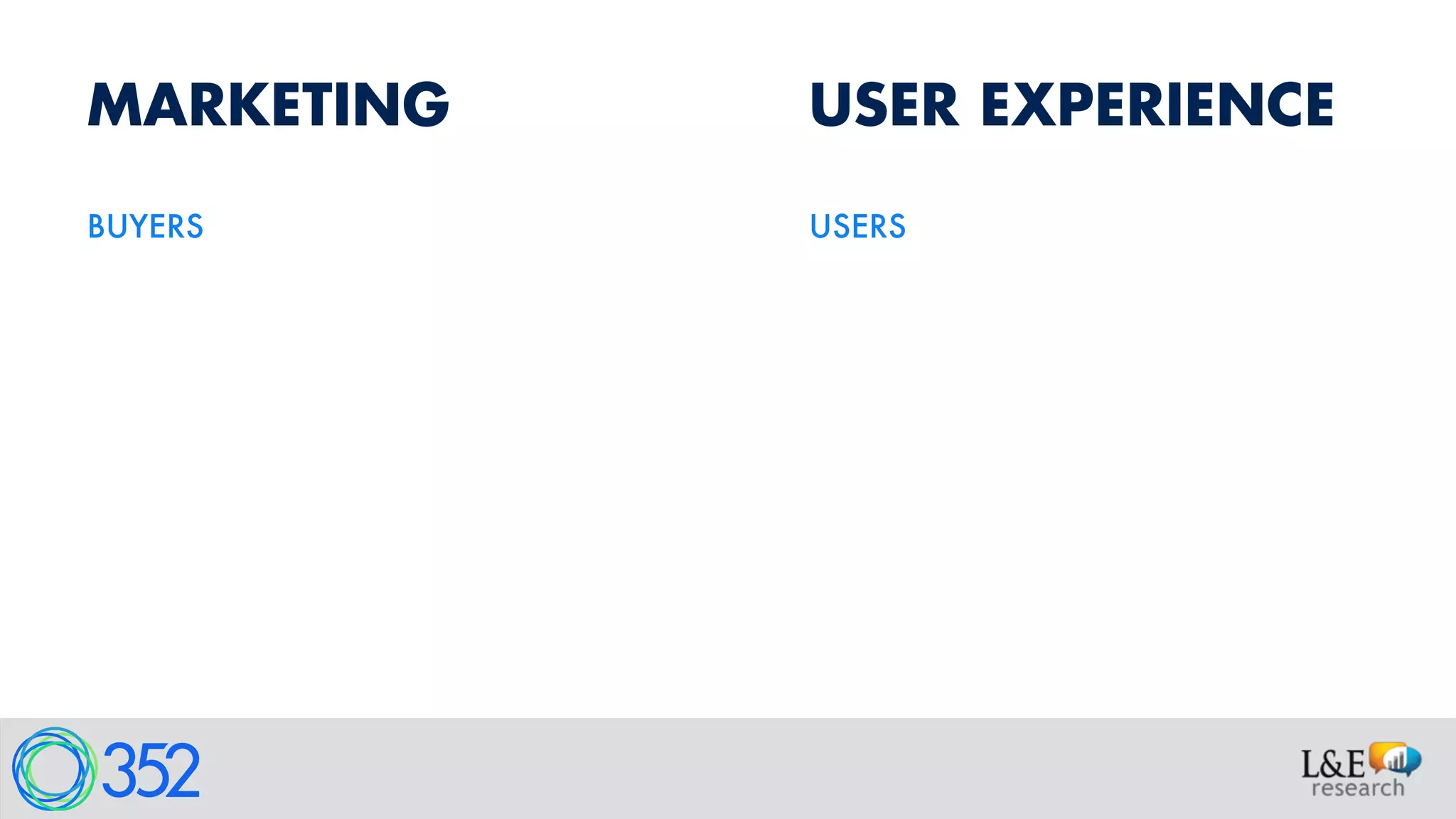 USER EXPERIENCEMARKETING
USERS
CONTEXT OF USE
UNCOVERING PRODUCT
OPPORTUNITIES
UNDERSTAND WHY
THINGS ARE HAPPENING
SERVES THE USERS
BUYERS
 
CONTEXT OF PURCHASE  
 
UNCOVERING MARKET
OPPORTUNITIES
UNDERSTAND WHAT IS
HAPPENING
SERVES THE COMPANY
 