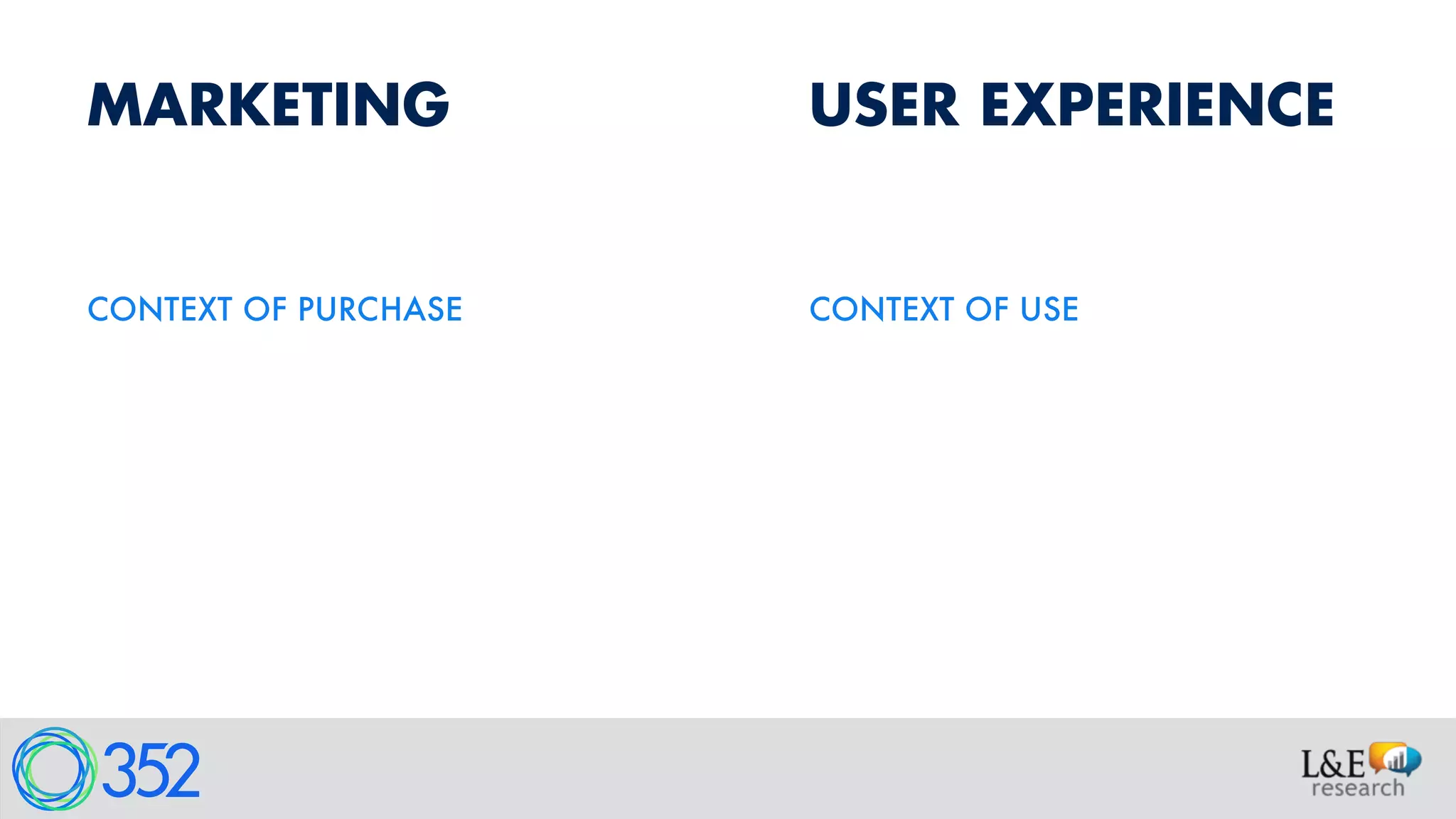 USER EXPERIENCEMARKETING
USERS
CONTEXT OF USE
UNCOVERING PRODUCT
OPPORTUNITIES
UNDERSTAND WHY
THINGS ARE HAPPENING
SERVES THE USERS
BUYERS
 
CONTEXT OF PURCHASE  
 
UNCOVERING MARKET
OPPORTUNITIES
UNDERSTAND WHAT IS
HAPPENING
SERVES THE COMPANY
 