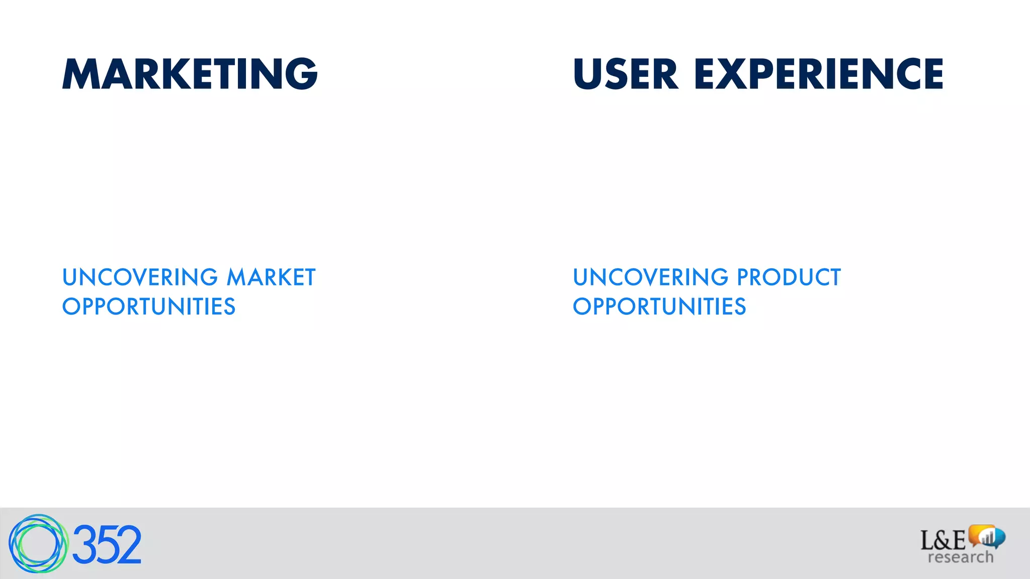USER EXPERIENCEMARKETING
USERS
CONTEXT OF USE
UNCOVERING PRODUCT
OPPORTUNITIES
UNDERSTAND WHY
THINGS ARE HAPPENING
SERVES THE USERS
BUYERS
 
CONTEXT OF PURCHASE  
 
UNCOVERING MARKET
OPPORTUNITIES
UNDERSTAND WHAT IS
HAPPENING
SERVES THE COMPANY
 