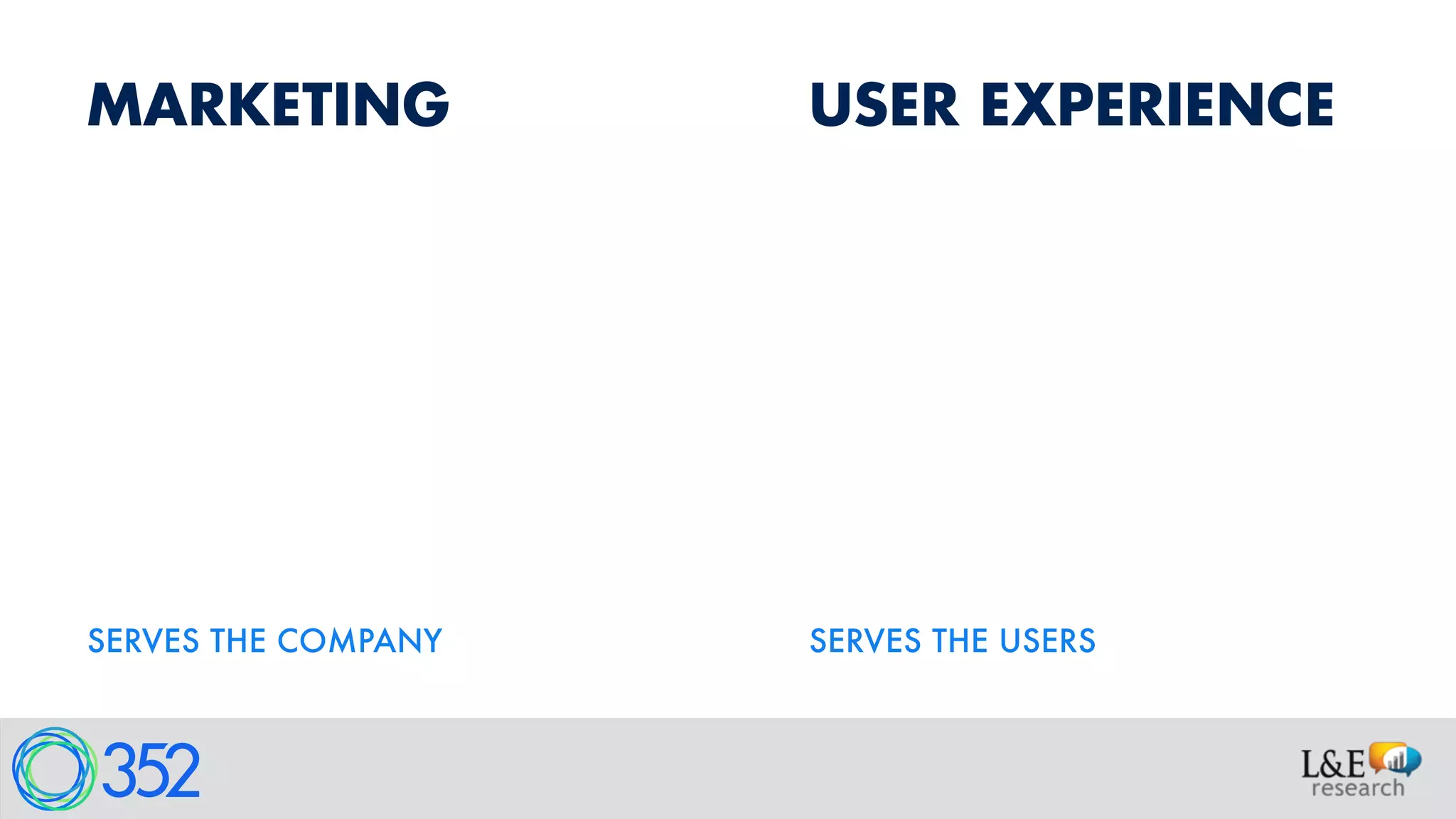USER EXPERIENCEMARKETING
USERS
CONTEXT OF USE
UNCOVERING PRODUCT
OPPORTUNITIES
UNDERSTAND WHY
THINGS ARE HAPPENING
SERVES THE USERS
BUYERS
 
CONTEXT OF PURCHASE  
 
UNCOVERING MARKET
OPPORTUNITIES
UNDERSTAND WHAT IS
HAPPENING
SERVES THE COMPANY
 