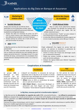 159, Bd R. Schuman 44300 Nantes Téléphone : 02 40 16 84 83 contact@amnis-consulting.fr www.amnis-consulting.fr © AMNIS 2015 – Tous Droits Réservés - AMNIS Consulting
Applications du Big Data en Banque et Assurance
Le Big Data, nouveau graal de la transformation digitale ?
Le Big Data permet de démultiplier les capacités des outils (CRM, actuariat/tarification, ...) en affinant la connaissance
client pour proposer des conseils personnalisés, un service et des tarifs adaptés, au bon moment et par le bon canal.
Il existe cependant une réelle incertitude quant au meilleur moyen de se lancer de façon concrète et opérationnelle
dans le Big Data.
Comment les acteurs économiques vont-ils réussir à exploiter cette matière première volumineuse et parfois diffuse ?
Quel est le modèle organisationnel le plus adapté ?
Le Big Data nécessite en effet une intégration poussée en termes d’organisation, de processus et d’outils.
Le groupe AXA a
développé un "Data
Innovation Lab" qui
réunit une quinzaine de
personnes, pour traiter
entièrement toutes les
données fournies par les
clients de la banque mais
aussi de l’assurance.
Lab’
Analyse des données de ses 8 M de clients
particuliers sur les 10 dernières années grâce
à un personnel qualifié (45 personnes) maîtrisant
la plateforme de Big Data Hadoop :
• Analyse des dates de versement de prime, de 13ème
mois ou autres revenus, pour déterminer la période la
plus adéquate pour proposer un produit d’épargne.
• Analyse pointue du contenu des e-mails de ses clients
pour personnaliser les services.
Le Big Data permet au client de mieux gérer ses finances
personnelles.
En effet, il peut lui aussi consulter toutes ses données
(via un moteur de recherche) qui sont stockées dans un
espace personnel sécurisé. L’avantage est qu’il n’y a pas
de limite de temps, contrairement à la consultation d’un
compte bancaire classique (limité à entre 1 et 2 mois en
général).
Mise en place d’une plate-forme Hadoop
afin d’analyser les données de manière plus
approfondie et surtout plus rapide. Elle est
utilisée notamment pour :
Société Générale
Projet collaboratif d’un logiciel de service SaaS qui
permet de valoriser et monétiser le patrimoine de
données accumulées par les assurances :
• Estimer en temps réel l’impact des dommages causés
par un événement climatique,
• Prédire des sinistres incendie ou dégâts des eaux à
partir de données publiques,
• Analyser des signaux faibles pour détecter l’apparition
d’épidémies etc.
Mieux
comprendre le
comportement
du client
Maitrise des risques
& rentabilité
Marketing &
relation client
AXA SOON
Crédit Mutuel Arkéa
• La lutte anti-blanchiment "Tracfin" qui peut analyser 6
mois d'historique en moins de 20 secondes.
• Le calcul des ratios de solvabilité (le nouveau logiciel met
15 min à traiter les données contre 48h pour l’ancien).
Un PoC permet de tester la
viabilité du projet et de mesurer
les moyens nécessaires à sa
mise en œuvre. Le groupe
d’assurance Covéa (GMF,
MAAF, MMA) expérimente un
projet de définition de polices
d’assurance plus adaptées aux
profils des assurés via des PoC.
PoC
(Proof of Concept)
Coopérations et Innovation
• AXA Global Direct a récemment développé un
partenariat avec Paris Region Lab pour lancer
l’incubateur "Smart Data for Customer Intelligence".
• Allianz lance en 2015 un accélérateur de projets
dans le cadre de la French Tech.
L’objectif est d’accélérer la croissance de start-ups
spécialisées dans le Big Data et de travailler en étroite
collaboration pour développer des solutions innovantes
et créer des partenariats stratégiques.
Incubateur
 
