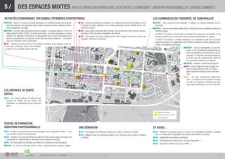 5/                 DES ESPACES MIXTES POUR LES SERVICES AUX PARTICULIERS, LES ACTIVITÉS, LA FORMATION ET L’INSERTION PROFESSIONNELLE ET CERTAINS COMMERCES
ACTIVITÉS ÉCONOMIQUES TERTIAIRES, PÉPINIÈRES D’ENTREPRISES                                                                                                                                                 LES COMMERCES DE PROXIMITÉ, DE CONVIVIALITÉ
■ BPVB2 - 3000 m2 de bureaux et activités artistiques. Les entreprises locales sont accompa-                 ■ W2 - Services et activités qui produisent de l’emploi aux points forts du quartier comme    ■ BPVB1 - Des commerces sont proposés à l’intérieur de certains bâtiments (rez-de-
  gnées et prioritaires. Une négociation avec d’autres entreprises, privées, publiques, associa-               à la station de métro Triangle et sur le sentier dynamique. Grande visibilité de ces com-     chaussée).
  tives, est également envisagée.                                                                              merces et services.                                                                         ■ BPVB2 - Une rue internationale allant dans le même sens que la proposition faite par la
■ BPVB4 - Le Phare, pôle d’économie sociale et solidaire : un magasin (Radione, 150 m2), le                  ■ W3 - Dans le pôle multimodal métro Triangle : des commerces et des services, bureaux,         maîtrise d’usage.
  siège social de la MAIF, le CRES, un centre de formation, 3 bureaux de passage, un réseau                    entreprises. Pôle valorisation énergétique des déchets.                                       • 5600 m2 de surfaces commerciales comprenant des restaurants, des galeries et des
  solidaire, une pépinière d’entreprises, un hébergement pour la classe ville gérée par la                   ■ W4 - Des espaces de travail partagés (smart work centers). Associer les services aux          services commerciaux qui résonnent avec la richesse multiculturelle du quartier.
  ligue de l’enseignement, un restaurant ouvert à des personnes extérieures… Entreprises                       transports. Pépinière d’entreprises                                                           • 3000 m2 de bureaux et activités artistiques. Les entreprises locales sont accompa-
  autour de l’artisanat et de la construction.
                                                                                                                                                                                                             gnées et prioritaires. Une négociation avec d’autres entreprises, privées, publiques, asso-
■ W1 - Pépinière de start-up liées à l’éco-mobilité, entreprise d’auto-partage, locaux ter-                                                                                                                  ciatives, est également envisagée.
  tiaire pour entreprises liées à l’éco-mobilités,
                                                                                                                                                                                                                                                      ■ BPVB3 - Une rue internationale rue de Rou-
  maison de l’éco-mobilité, agence vélo-star.
                                                                                                                                                                                                                                                        manie. À l’est, des bâtiments proposant des es-
                                                                                                                                                                                                                                                        paces commerciaux et des services en rez-de-
                                                                                                                                                                                                                                                        chaussée ; à l’ouest des commerces de bouche.
                                                                                                                                                                                                                                                        En arrière-cour, des ambiances des cultures et
                                                                                                                                                                                                                                                        des nationalités présentes sur le quartier.
                                                                                                                                                                                                                                                      ■ BPVB3 - Kiosques, commerces de bouche.
                                                                                                                                                                                                                                                      ■ W3 - Entre la station de métro Triangle et le
                                                                                                                                                                                                                                                        sud de l’avenue des Pays-Bas : bar cham-
                                                                                                                                                                                                                                                        pêtre, restaurants, kiosque presse internatio-
                                                                                                                                                                                                                                                        nale.
                                                                                                                                                                                                                                                      ■ VE - Une halle commerciale multifonction-
                                                                                                                                                                                                                                                        nelle : un supermarché, des étals de marché,
                                                                                                                                                                                                                                                        un café, une brasserie. De belles tours origi-
                                                                                                                                                                                                                                                        nales, avec des terrasses, du verre et du vert.

LES SERVICES DE SANTÉ,
SOCIAL
■ MU - Une maison médicale. Un bâtiment pour
  accueillir les familles dont les enfants sont
  hospitalisés. Un établissement pour personnes
  âgées.

                                                                                                                                                                                                                 Nouveaux commerces
                                                                                                                                                                                                                 Commerces et lieux à valoriser

                                                                                                                                                                                                                 Rue Internationale



CENTRE DE FORMATION,
INSERTION PROFESSIONNELLE                                                                                    UNE DÉMARCHE                                                                                  ET AUSSI…
■ MU - Création d’une plateforme de services (garage, couture, réparation de vélos…) avec                    ■ MU - Accompagner les entreprises locales pour qu’elles s’implantent au Blosne.              ■ MU - Redéﬁnir les nouveaux services à rendre et les implantations spatiales à privilégier
  une dimension insertion professionnelle.                                                                   ■ MU - Négocier avec les entreprises privées et les institutions pour qu’elles s’installent     avec un nouveau style d’organisation des centres commerciaux du quartier.
■ MU - Création d’un centre des métiers du bâtiment et des travaux publics (formation, lieu                    au Blosne.                                                                                  ■ MU - Qualiﬁcation des réseaux numériques.
  d’exposition et d’expérimentation, valorisation des entreprises du Blosne).                                                                                                                              ■ MU - Développement économique sur les toits (restaurants…).
■ MU - Un centre public de formation aux métiers de l’audiovisuel et du journalisme.
                                                                                                                                                                                                           ■ MU - Agriculture urbaine (circuit court, AMAP…).
■ BPVB1 - Un centre de formation dans le « Phare », pôle d’économie sociale et solidaire.



                                                   Projet de quartier du BLOSNE            •   P R O P O S I T I O N S I S S U E S D E L A C O N C E RTAT I O N                                                                                                                                     >7
 