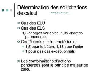 Détermination des sollicitations de calcul Cas des ELU  Cas des ELS 1,5 charges variables, 1,35 charges permanente Coefficients sur les matériaux :  1,5 pour le béton, 1,15 pour l’acier 1 pour des cas exceptionnels Les combinaisons d’actions pondérées sont le principe majeur de calcul www.jexpoz.com 