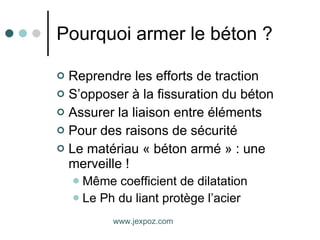 Pourquoi armer le béton ? Reprendre les efforts de traction S’opposer à la fissuration du béton Assurer la liaison entre éléments Pour des raisons de sécurité Le matériau « béton armé » : une merveille ! Même coefficient de dilatation Le Ph du liant protège l’acier www.jexpoz.com 