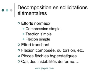 Décomposition en sollicitations élémentaires Efforts normaux Compression simple Traction simple Flexion simple Effort tranchant Flexion composée, ou torsion, etc. Pièces fléchies hyperstatiques Cas des instabilités de forme…. www.jexpoz.com 