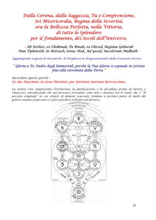 Dalla Corona, dalla Saggezza, Tu o Comprensione,
Sei Misericordia, Regina della Severità,
ora la Bellezza Perfetta, nella Vittoria,
di tutto lo Splendore
per il Fondamento, dei Secoli dell’Universo.
- Ab Kether, ex Chokmah, Tu Binah, ex Chesed, Reginae Geburah
Nun Tiphareth, in Netzach, totius Hod, Ad yesod, Sæcolorum Malkuth -
Aggiungendo a questo le mie parole di Preghiera in Ringraziamento della Creazione divina.
“ Gloria a Te, Padre degli Immortali, perché la Tua Gloria si espande in Letizia
fino alla estremità della Terra ”
Ricordate queste parole :
Ex deo Nascimur, In Jesus Morimur, per Spiritum Sanctum Reviviscimus .
La nostra vita rappresenta l’evoluzione, la purificazione e la decaduta prima di morire e
rinascere, considerando che nel percorso troviamo come dire i bastoni tra le ruote che e’ “Il
peccato originale” in cui schiere di demoni scacciati, tendono a portare parte di molti del
genere umano al peccato e a farci perdere il diritto ad elevarci.
35
 