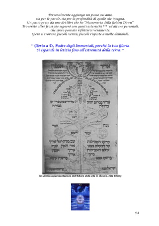 Personalmente aggiungo un passo cui amo,
sia per le parole, sia per la profondità di quello che insegna.
Un passo preso da uno dei libri che ho “Massoneria della Golden Down”°
Troverete altre frasi che segnerò con questi asterischi *** ed alcune personali,
che spero possiate rifletterci veramente.
Spero si trovano piccole verità, piccole risposte a molte domande.
** Gloria a Te, Padre degli Immortali, perché la tua Gloria
Si espande in letizia fino all’estremità della terra. **
Un Antico rappresentazione dell’Albero della vita in ebraico. (Otz Chiim)
04
 