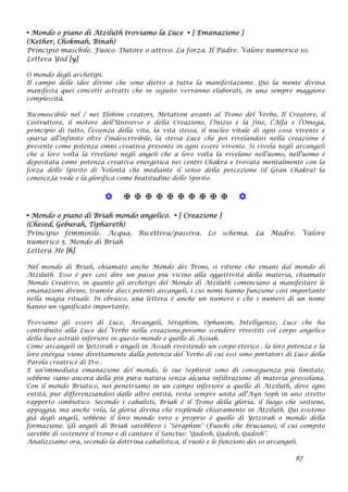 • Mondo o piano di Atziluth troviamo la Luce • [ Emanazione ]
(Kether, Chokmah, Binah)
Principio maschile. Fuoco. Datore o attivo. La forza. Il Padre. Valore numerico 10.
Lettera Yod [y]
O mondo degli archetipi.
Il campo delle idee divine che sono dietro a tutta la manifestazione. Qui la mente divina
manifesta quei concetti astratti che in seguito verranno elaborati, in una sempre maggiore
complessità.
Riconoscibile nel / nei Elohim creatori, Metatron avanti al Trono del Verbo, Il Creatore, il
Costruttore, il motore dell’Universo e della Creazione, l’Inizio e la fine, l’Alfa e l’Omega,
principio di tutto, l’essenza della vita, la vita stessa, il nucleo vitale di ogni cosa vivente e
sparsa all’infinito oltre l’indescrivibile, la stessa Luce che poi rivelandosi nella creazione è
presente come potenza omni creativa presente in ogni essere vivente. Si rivela negli arcangeli
che a loro volta la rivelano negli angeli che a loro volta la rivelano nell’uomo, nell’uomo è
depositata come potenza creativa energetica nei centri Chakra e trovata mentalmente con la
forza dello Spirito di Volontà che mediante il senso della percezione (il Gran Chakra) la
conosce,la vede e la glorifica come beatitudine dello Spirito.
           
• Mondo o piano di Briah mondo angelico. • [ Creazione ]
(Chesed, Geburah, Tiphareth)
Principio femminile. Acqua. Ricettiva/passiva. Lo schema. La Madre. Valore
numerico 5. Mondo di Briah
Lettera He [h]
Nel mondo di Briah, chiamato anche Mondo dei Troni, si ritiene che emani dal mondo di
Atziluth. Esso è per così dire un passo più vicino alla oggettività della materia, chiamato
Mondo Creativo, in quanto gli archetipi del Mondo di Atziluth cominciano a manifestare le
emanazioni divine, tramite dieci potenti arcangeli, i cui nomi hanno funzione così importante
nella magia rituale. In ebraico, una lettera è anche un numero e che i numeri di un nome
hanno un significato importante.
Troviamo gli esseri di Luce, Arcangeli, Séraphim, Ophanim, Intelligenze, Luce che ha
contribuito alla Luce del Verbo nella creazione,possono scendere rivestiti col corpo angelico
della luce astrale inferiore in questo mondo e quello di Assiah.
Come arcangeli in Yetzirah e angeli in Assiah rivestendo un corpo eterico . la loro potenza e la
loro energia viene direttamente dalla potenza del Verbo di cui essi sono portatori di Luce della
Parola creatrice di D-o .
E un'immediata emanazione del mondo, le sue Sephirot sono di conseguenza più limitate,
sebbene siano ancora della più pura natura senza alcuna infiltrazione di materia grossolana.
Con il mondo Briatico, noi penetriamo in un campo inferiore a quello di Atziluth, dove ogni
entità, pur differenziandosi dalle altre entità, resta sempre unita all'Ayn Soph in uno stretto
rapporto simbiotico. Secondo i cabalisti, Briah è il Trono della gloria, il luogo che sostiene,
appoggia, ma anche vela, la gloria divina che risplende chiaramente in Atziluth. Qui esistono
già degli angeli, sebbene il loro mondo vero e proprio è quello di Yetzirah o mondo della
formazione. Gli angeli di Briah sarebbero i "Séraphim" (Fuochi che bruciano), il cui compito
sarebbe di sostenere il trono e di cantare il Sanctus: "Qadosh, Qadosh, Qadosh".
Analizziamo ora, secondo la dottrina cabalistica, il ruolo e le funzioni dei 10 arcangeli.
87
 
