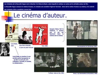 Le cinéma d’auteur. Les cinéastes de la Nouvelle Vague vont s’attacher à la thèse de Bazin, selon laquelle le metteur en scène est le véritable auteur du film. La Nouvelle Vague consacre le cinéma d’auteur, le cinéaste est considéré l’égal de l’écrivain.  Ainsi naît la notion d’auteur au cinéma, et la volonté des cinéastes d’être considérés comme tels.  Jean-Pierre Melville, Le père du polar français. Tati, 1958. Truffaut:  Jules et Jim , 1961. Jacques Demy fuit le réalisme, il montre que ce qui est fascinant dans le cinéma est le cinéma.  Les parapluies de Cherbourg , 1964. Demy:  Les demoiselles de Rochefort , 1966. Louis Malle, 1957. Louis Malle va montrer à une société petite bourgeoise ce  qu’elle ne veut pas voir: l’adultère, l’inceste, le suicide, la collaboration...  