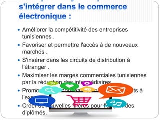 Améliorer la compétitivité des entreprises
tunisiennes .
 Favoriser et permettre l'accès à de nouveaux
marchés .
 S'insérer dans les circuits de distribution à
l'étranger .
 Maximiser les marges commerciales tunisiennes
par la réduction des intermédiaires .
 Promouvoir de nouveaux services et produits à
l'export .
 Créer de nouvelles filières pour l'emploi des
diplômés.
 