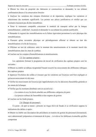 Rapport de stage de conception                                                   Technique assistance S.A.R.L.

  Obtenir les titres de propriété des bâtiments et constructions et demander, le cas échéant
confirmation directe à la conservation foncière
  Analyser les variations des comptes d'entretien et de réparation, expliquer les variations et
sélectionner des montants significatifs. Les pointer aux pièces justificatives et vérifier que ces
montants n'auraient pas dû être immobilisés.
   Noter le traitement comptable concernant le matériel de transport utilisé par la banque
(immobilisation ; crédit-bail ; location) et demander le cas échéant les contrats justificatifs.
  Demander le registre des immobilisations ou le fichier équivalent permettant le suivi physique des
immobilisations.
   S'assurer qu'un inventaire physique est périodiquement effectué et obtenir un état des
immobilisations à la fin de l'exercice.
  Effectuer un test de cohérence entre le montant des amortissements et le montant inscrit des
immobilisations dans les états de synthèse.
  Conclure sur les comptes d'immobilisations et amortissements.
                2.3. Les capitaux propres :
      Les opérations formant le programme de travail de vérification des capitaux propres sont les
suivantes :
  Obtenir ou établir un tableau récapitulatif faisant ressortir les mouvements des différentes rubriques
des capitaux propres
  Apprécier l'évolution des soldes et s'assurer que les variations sur l'exercice sont bien expliqués et
qu'aucun mouvement n'a été omis
  Vérifier les mouvements de l'exercice par rapprochement avec les décisions d'assemblée générale et
les statuts de la banque
  Vérifier que les montants distribués sont en accord avec :
        - Les statuts et avec les droits attachés aux différentes catégories de parts
        - Les procès-verbaux de l'assemblée et des organes de gestion
  Conclure sur les fonds propres.
                2.4. Charges de personnel :
      Ce poste ; de part sa nature ; présente un risque élevé de fraude et sa vérification suppose la
réalisations des tâches ci-après :
  Obtenir ou établir une description des procédures en matière de gestion du personnel (recrutement,
suivi administratif, préparation et traitement de la paie ...) et relever les faiblesses éventuelles qu'elles
comportent




E.N.C.G. Tanger 2001/2002                            67                                 TEMSAMANI JALAL
 