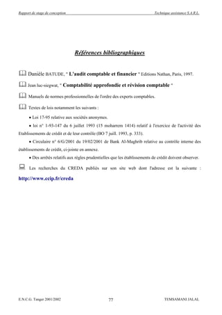 Rapport de stage de conception                                                Technique assistance S.A.R.L.




                                 Références bibliographiques


 Danièle BATUDE, " L'audit comptable et financier " Editions Nathan, Paris, 1997.
 Jean luc-siegwat, " Comptabilité approfondie et révision comptable "
 Manuels de normes professionnelles de l'ordre des experts comptables.
 Textes de lois notamment les suivants :
        Loi 17-95 relative aux sociétés anonymes.
         loi n° 1-93-147 du 6 juillet 1993 (15 moharrem 1414) relatif à l'exercice de l'activité des
Etablissements de crédit et de leur contrôle (BO 7 juill. 1993, p. 333).
         Circulaire n° 6/G/2001 du 19/02/2001 de Bank Al-Maghrib relative au contrôle interne des
établissements de crédit, ci-jointe en annexe.
        Des arrêtés relatifs aux règles prudentielles que les établissements de crédit doivent observer.

     Les recherches du CREDA publiés sur son site web dont l'adresse est la suivante :

http://www.ccip.fr/creda




E.N.C.G. Tanger 2001/2002                           77                              TEMSAMANI JALAL
 