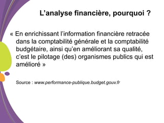 L’analyse financière, pourquoi ?
« En enrichissant l’information financière retracée
dans la comptabilité générale et la comptabilité
budgétaire, ainsi qu’en améliorant sa qualité,
c’est le pilotage (des) organismes publics qui est
amélioré »
Source : www.performance-publique.budget.gouv.fr
 