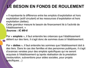 « Il représente la différence entre les emplois d’exploitation et hors
exploitation (actif circulant) et les ressources d’exploitation et hors
exploitation (dettes).
Cette grandeur mesure le besoin de financement lié à l’activité de
l’établissement. »
Sources : IC M9-6
Par « emplois », il faut entendre les créances que l’établissement
détient sur des tiers, il s’agit donc de sommes dues à l’établissement.
Par « dettes », il faut entendre les sommes que l’établissement doit à
des tiers. Dans le cas des familles et des personnes publiques, il s’agit
d’avances versées pour des emplois spécifiques qui ne seront
acquises à l’établissement qu’après réalisation de la prestation
(restauration, subventions pour aides sociales, pour projets
spécifiques…)
LE BESOIN EN FONDS DE ROULEMENT
 