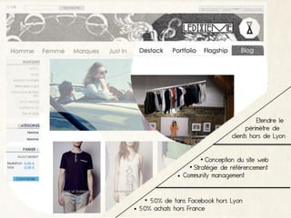 Etendre le
                                       périmètre de
                                 clients hors de Lyon


                      • Conception du site web
                  • Stratégie de référencement
              • Community management


   • 50% de fans Facebook hors Lyon
• 50% achats hors France
 
