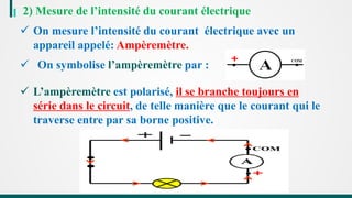 2) Mesure de l’intensité du courant électrique
 On mesure l’intensité du courant électrique avec un
appareil appelé: Ampèremètre.
 On symbolise l’ampèremètre par :
 L’ampèremètre est polarisé, il se branche toujours en
série dans le circuit, de telle manière que le courant qui le
traverse entre par sa borne positive.
 
