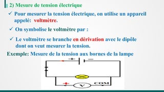 2) Mesure de tension électrique
 Pour mesurer la tension électrique, on utilise un appareil
appelé: voltmètre.
 On symbolise le voltmètre par :
 Le voltmètre se branche en dérivation avec le dipôle
dont on veut mesurer la tension.
Exemple: Mesure de la tension aux bornes de la lampe
 