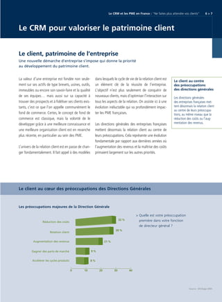 CRM_Livre blanc_v4

13/12/05

16:18

Page 7

Le CRM et les PME en France : “Ne faites plus attendre vos clients“

6>7

Le CRM pour valoriser le patrimoine client
Le client, patrimoine de l’entreprise
Une nouvelle démarche d’entreprise s’impose qui donne la priorité
au développement du patrimoine client.

La valeur d’une entreprise est fondée non seulement sur ses actifs de type brevets, usines, outils,
immeubles ou encore son savoir-faire et la qualité
de ses équipes… mais aussi sur sa capacité à
trouver des prospects et à fidéliser ses clients existants, c’est ce que l’on appelle communément le
fond de commerce. Certes, le concept de fond de
commerce est classique, mais la volonté de le
développer grâce à une meilleure connaissance et
une meilleure organisation client est en revanche
plus récente, en particulier au sein des PME.
L’univers de la relation client est en passe de changer fondamentalement. Il fait appel à des modèles

dans lesquels le cycle de vie de la relation client est
un élément clé de la réussite de l’entreprise.
L'objectif n’est plus seulement de conquérir de
nouveaux clients, mais d'optimiser l'interaction sur
tous les aspects de la relation. On assiste ici à une
évolution inéluctable qui va profondément impacter les PME françaises.
Les directions générales des entreprises françaises
mettent désormais la relation client au centre de
leurs préoccupations. Cela représente une évolution
fondamentale par rapport aux dernières années où
l’augmentation des revenus et la maîtrise des coûts
primaient largement sur les autres priorités.

Le client au centre
des préoccupations
des directions générales
Les directions générales
des entreprises françaises mettent désormais la relation client
au centre de leurs préoccupations, au même niveau que la
réduction des coûts ou l’augmentation des revenus.

Le client au cœur des préoccupations des Directions Générales

Les préoccupations majeures de la Direction Générale
> Quelle est votre préoccupation
première dans votre fonction
de directeur général ?

32 %

Réduction des coûts

30 %

Relation client
Augmentation des revenus

21 %

Gagner des parts de marché

9%

Accélérer les cycles produits

8%
0

10

20

30

40

Source : IDC/Sage 2005

 