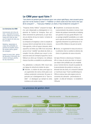 CRM_Livre blanc_v4

13/12/05

16:18

Page 8

Le CRM pour quoi faire ?
”Les clients ne partent pas forcément pour une raison spécifique, mais souvent parce
que rien ne les motive à rester” ! “Fidéliser un client coûte trois fois moins cher que
de le conquérir” … “mais pour fidéliser un client, il faut d’abord le conquérir”!
“Prospecter, Vendre, Fidéliser” composent les étapes

Compétitivité ; la connaissance des clients,

d’un cycle indispensable au développement et à la

la personnalisation des produits et services, l’amé-

Automatisation de la force de
vente : organisation de la prospection, agenda pour la prise de
rendez-vous, fiches de saisie
pour les rapports de visite, prise
de commande…

pérennité de l’activité de l’entreprise. Parce qu’il

lioration des pratiques commerciales et marketing

affecte directement les performances, ce cycle néces-

sont garantes d’une plus grande efficacité. C’est

site une attention de tous les instants : la Gestion de

un avantage compétitif considérable, car en valori-

la Relation Client.

sant le cycle de vie de chacun de vos clients, vous

Les entreprises ont longtemps vu dans la conquête de

augmentez directement vos performances en ter-

Marketing : segmentation et
analyse de la profitabilité, programmes de conquêtes, mesure
des résultats obtenus, gestion
des campagnes…

nouveaux clients le principal levier de leur croissance.

mes de chiffre d’affaires et de parts de marché.

Les domaines du CRM

Support et service client : gestion
des demandes d'information, des
incidents techniques, planification des interventions…

Cette approche, si elle est toujours nécessaire, atteint
aujourd'hui ses limites sous l'effet d'une concurrence

Services ; en augmentant le niveau de service et

accrue et d'une “volatilité” plus élevée des clients. La

la satisfaction client on améliore la rétention des

conquête n’est plus suffisante pour assurer la crois-

clients et la génération de revenus récurrents.

sance des revenus de l’entreprise. Aujourd'hui c'est en
fidélisant ses clients que l'entreprise a les meilleures

Une ligne d'horizon se dessine pour l'entreprise :

chances d'accroître sa rentabilité et ses performances.

offrir un niveau de service plus élevé, et instaurer
une relation client profitable avec une rentabilité

Plus globalement, la démarche CRM s'inscrit dans

accrue. Comment dès lors résoudre le paradoxe de

une logique de recherche de création de valeur :

la personnalisation des produits et services, une

Financière ; la création de valeur prend appui sur

demande forte des clients, et la nécessité d'adresser

une augmentation des revenus clients grâce à une

un marché plus large ? Toute la problématique du

meilleure productivité commerciale. Elle passe en

CRM est contenue dans cette exigence entre les

particulier par le développement de la “base ins-

contraintes de la demande – personnalisation et

tallée” : en développant par exemple les ventes

rapidité – et celles de l'entreprise – la rentabilité et

incitatives ou les ventes croisées.

l’efficacité.

Les processus de gestion client

Croissance des revenus

Sélection
Segmentation marché
Planification des campagnes
Lancement de nouveaux produits

Profit

Acquisition
Gestion des prospects
Évaluation des besoins
Gestion des ctcles de vente
Signature

Parts de marché

Rétention
Gestion des commandes
Gestion des requêtes
Résolution des problèmes

Flux de trésorerie

Extension
Analyse des besoins clients
Ventes incitatives
et ventes croisées
Gestion des campagnes

Source : IDC/Sage 2005

 