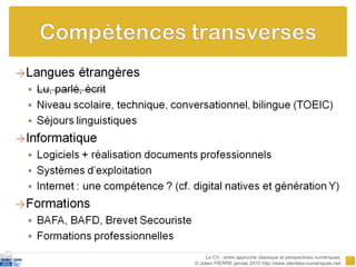 Le CV : entre approche classique et perspectives numériques  © Julien PIERRE janvier 2010 http://www.identites-numeriques.net/ 