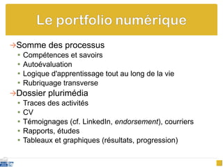 Somme des processus Compétences et savoirs Autoévaluation Logique d'apprentissage tout au long de la vie Rubriquage transverse Dossier plurimédia Traces des activités CV Témoignages (cf. LinkedIn,  endorsement ), courriers Rapports, études Tableaux et graphiques (résultats, progression) 