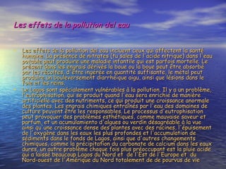 Les effets de la pollution del eau Les effets de la pollution del eau incluent ceux qui affectent la santé humaine. La présence de nitrates (tu sales de l'acide nitrique) dans l'eau potable peut produire une maladie infantile qui est parfois mortelle. Le présent dans les engrais dérivés la boue ou la boue peut être absorbé par les récoltes, d'être ingérée en quantité suffisante, le métal peut produire un bouleversement diarrhéique aigu, ainsi que lésions dans le foie et les reins. Le Lagos sont spécialement vulnérables à la pollution. Il y a un problème, l'eutrophisation, qui se produit quand l'eau sera enrichie de manière artificielle avec des nutriments, ce qui produit une croissance anormale des plantes. Les engrais chimiques entraînés par l'eau des domaines de culture peuvent être les responsables. Le processus d'eutrophisation peut provoquer des problèmes esthétiques, comme mauvaise saveur et parfum, et un acumulamiento d'algues ou verdín désagréable à la vue ainsi qu'une croissance dense des plantes avec des racines, l'épuisement de l'oxygène dans les eaux les plus profondes et l'accumulation de sédiments dans le fonds de Lagos, ainsi que d'autres changements chimiques, comme la précipitation du carbonate de calcium dans les eaux dures, un autre problème chaque fois plus préoccupant est la pluie acide qui a laissé beaucoup Lagos du Nord et  de l'Est de l'Europe et  du Nord-ouest de l'Amérique du Nord totalement de de pourvus de vie 