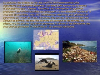 La pollution des océans est un des conflits environnementaux plus importants des dernières décennies. Les mers sont source vie et source d'alimentation pour l'homme. Toutefois, son intervention et pollution produisent des effets nuisibles qui attaquent à la bio-diversité marine et  à tous ses écosystèmes, avec des conséquences négatives pour pêcheurs et personnes qui vivent de d'eux. Certaines des sources de pollution sont les flaques de pétrole, les eaux de déchets de bateaux et les navires, les réseaux ou les articles de pêcher paresseux la dérive et les émissaires des sous-marins provenant d'industries et  de services sanitaires. 