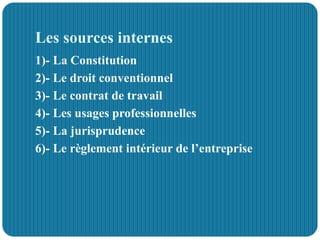 Les sources internes
1)- La Constitution
2)- Le droit conventionnel
3)- Le contrat de travail
4)- Les usages professionnelles
5)- La jurisprudence
6)- Le règlement intérieur de l’entreprise
 