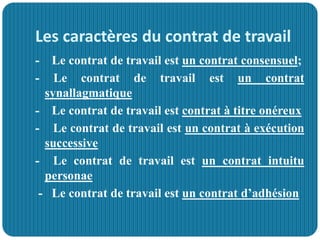 Les caractères du contrat de travail
- Le contrat de travail est un contrat consensuel;
- Le contrat de travail est un contrat
synallagmatique
- Le contrat de travail est contrat à titre onéreux
- Le contrat de travail est un contrat à exécution
successive
- Le contrat de travail est un contrat intuitu
personae
- Le contrat de travail est un contrat d’adhésion
 