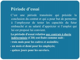 Période d’essai
C’est une période transitoire qui précède la
conclusion du contrat et qui a pour but de permettre
à l’employeur de tester les capacités du futur
embauché et au salarié d’apprécier si l’emploi qui
lui est proposé lui convient.
La période d’essai relative aux contrats à durée
indéterminée (CDI) est fixée comme suit :
- trois mois pour les cadres et assimilés;
- un mois et demi pour les employés;
- quinze jours pour les ouvriers.
 