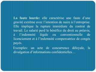 - La faute lourde: elle caractérise une faute d’une
gravité extrême avec l’intention de nuire à l’entreprise.
Elle implique la rupture immédiate du contrat de
travail. Le salarié perd le bénéfice du droit au préavis,
à l’indemnité légale ou conventionnelle de
licenciement et à l’indemnité compensatrice de congés
payés.
Exemples: un acte de concurrence déloyale, la
divulgation d’informations confidentielles…
 