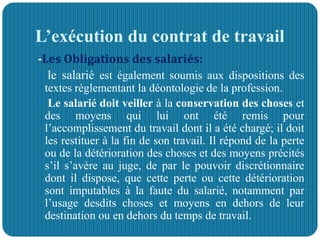 L’exécution du contrat de travail
-Les Obligations des salariés:
 le salarié est également soumis aux dispositions des
textes réglementant la déontologie de la profession.
 Le salarié doit veiller à la conservation des choses et
des moyens qui lui ont été remis pour
l’accomplissement du travail dont il a été chargé; il doit
les restituer à la fin de son travail. Il répond de la perte
ou de la détérioration des choses et des moyens précités
s’il s’avère au juge, de par le pouvoir discrétionnaire
dont il dispose, que cette perte ou cette détérioration
sont imputables à la faute du salarié, notamment par
l’usage desdits choses et moyens en dehors de leur
destination ou en dehors du temps de travail.
 