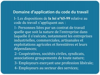 Domaine d’application du code du travail
I- Les dispositions de la loi n°65-99 relative au
code du travail s’appliquent aux :
1- Personnes liées par un contrat de travail
quelle que soit la nature de l’entreprise dans
laquelle il s’exécute, notamment les entreprises
industrielles, commerciales, artisanales et
exploitations agricoles et forestières et leurs
dépendances;
2- Coopératives, sociétés civiles, syndicats,
associations groupements de toute nature;
3- Employeurs exerçant une profession libérale;
4- Employeurs au secteur des services;
 