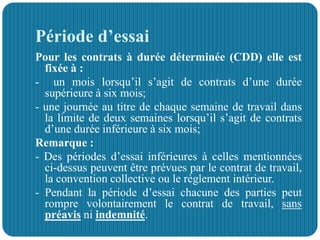 Période d’essai
Pour les contrats à durée déterminée (CDD) elle est
fixée à :
- un mois lorsqu’il s’agit de contrats d’une durée
supérieure à six mois;
- une journée au titre de chaque semaine de travail dans
la limite de deux semaines lorsqu’il s’agit de contrats
d’une durée inférieure à six mois;
Remarque :
- Des périodes d’essai inférieures à celles mentionnées
ci-dessus peuvent être prévues par le contrat de travail,
la convention collective ou le règlement intérieur.
- Pendant la période d’essai chacune des parties peut
rompre volontairement le contrat de travail, sans
préavis ni indemnité.
 
