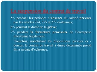 La suspension du contrat de travail
5°- pendant les périodes d’absence du salarié prévues
par les articles 274, 275 et 277 ci-dessous;
6°- pendant la durée de la grève;
7°- pendant la fermeture provisoire de l’entreprise
intervenue légalement.
Toutefois, nonobstant les dispositions prévues ci -
dessus, le contrat de travail à durée déterminée prend
fin à sa date d’échéance.
 