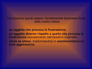 Tre possono quindi essere i fondamentali destinatari finali
della nostra rabbia:
• un oggetto che provoca la frustrazione,
• un oggetto diverso rispetto a quello che provoca la
frustrazione (spostamento dall'obiettivo originale),
• verso se stessi, trasformandosi in autolesionismo ed
auto aggressione.

 