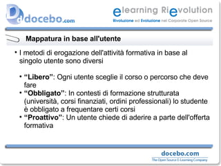 Mappatura in base all'utente I metodi di erogazione dell'attività formativa in base al singolo utente sono diversi “ Libero” : Ogni utente sceglie il corso o percorso che deve fare “ Obbligato” : In contesti di formazione strutturata (università, corsi finanziati, ordini professionali) lo studente è obbligato a frequentare certi corsi “ Proattivo” : Un utente chiede di aderire a parte dell'offerta formativa 