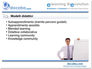 Modelli didattici Autoapprendimento (tramite percorsi guidati) Apprendimento assistito Blended learning Didattica collaborativa Learning community Knowledge community 