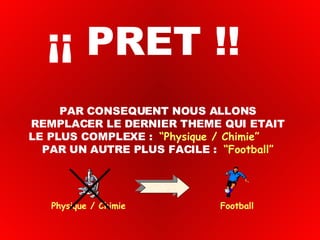 ¡¡ PRET !!  Physique / Chimie  Football PAR CONSEQUENT NOUS ALLONS REMPLACER LE DERNIER THEME QUI ETAIT LE PLUS COMPLEXE :  “Physique / Chimie”   PAR UN AUTRE PLUS FACILE :  “Football” 