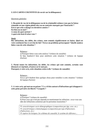 I. LES CARTES COGNITIVES (le savoir sur la délinquance)


Questions générales

1. Du point de vue de la délinquance ou de la criminalité estimez-vous que la Suisse
romande est une région plutôt sûre ou au contraire marquée par l'insécurité ?
Est-ce que cela a changé ces dernières années ?
En bien ou en mal ?
A cause de quoi surtout ?
A quoi cela tient-il selon vous ?

Stock
Des infractions, des délits, des crimes, sont commis régulièrement en Suisse. Quel est
votre sentiment face à cet état de fait ? Est-ce un problème préoccupant ? Quelle analyse
faites-vous de cette situation ?


           Relances :
           a) Pourquoi faites-vous cette analyse ? (relance de causalité)
           b) Que faudrait-il faire pour améliorer cette situation ? (relance de logique
           d'action)


2. Parmi toutes les infractions, les délits, les crimes qui sont commis, certains sont
dénoncés et réprimés, d'autres ne le sont pas.
Pourquoi, à votre avis, cette situation existe-t-elle ? (relance de causalité)


           Relances :
           Est-ce qu'il faudrait faire quelque chose pour remédier à cette situation ? (relance
           de logique d'action)


3. A votre avis, qui met-on en prison ? Y a–t-il des auteurs d'infractions qui échappent à
cette peine privative de liberté ? Lesquels ?


           Relances :
           a) Pourquoi ? (relance de causalité)
           b) Pour ceux qui n'ont pas répondu en mentionnant les infraction : avez-vous une
           idée des infractions commises par les personnes incarcérées ?

           → caractéristiques socio-démographiques (composition par âge, sexe, etc.)
           → caractéristiques criminologiques (composition par type d'infracteurs,
           d'infractions, etc.)
           → repérer les lexiques, les schémas de causalité, le système de référence…




                                             232
 