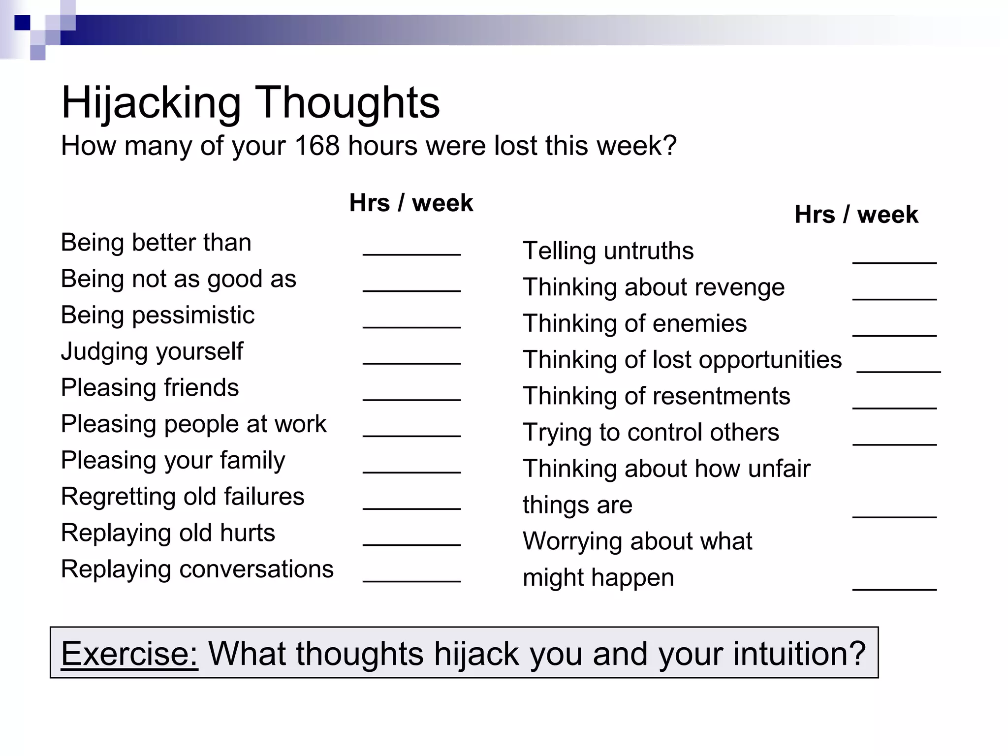 Hijacking Thoughts
How many of your 168 hours were lost this week?

                          Hrs / week                            Hrs / week
Being better than          _______     Telling untruths               ______
Being not as good as       _______     Thinking about revenge         ______
Being pessimistic          _______     Thinking of enemies            ______
Judging yourself           _______     Thinking of lost opportunities ______
Pleasing friends           _______     Thinking of resentments        ______
Pleasing people at work    _______     Trying to control others       ______
Pleasing your family       _______     Thinking about how unfair
Regretting old failures    _______     things are                     ______
Replaying old hurts        _______     Worrying about what
Replaying conversations    _______     might happen                   ______


Exercise: What thoughts hijack you and your intuition?
 