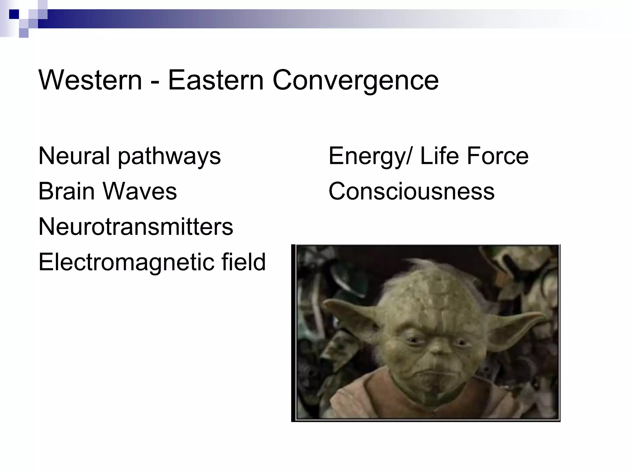 Western - Eastern Convergence

Neural pathways         Energy/ Life Force
Brain Waves             Consciousness
Neurotransmitters
Electromagnetic field
 